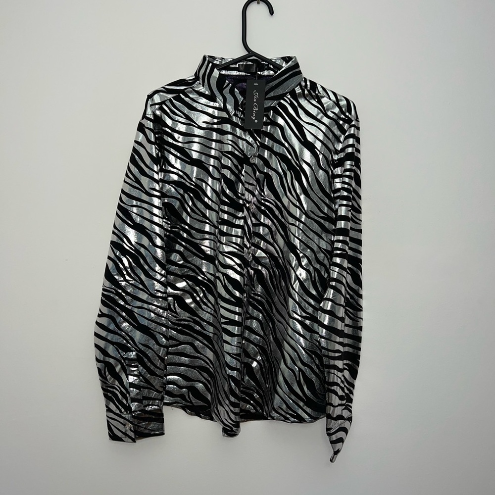 Shiny Zebra Print Button Down Shirt